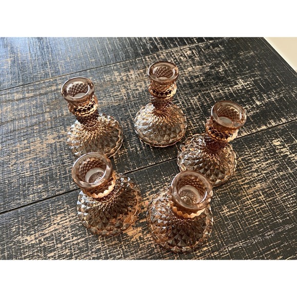 Vintage Amber Glass Candlestick Holders Diamond Pattern Taper Candle Set Of 6